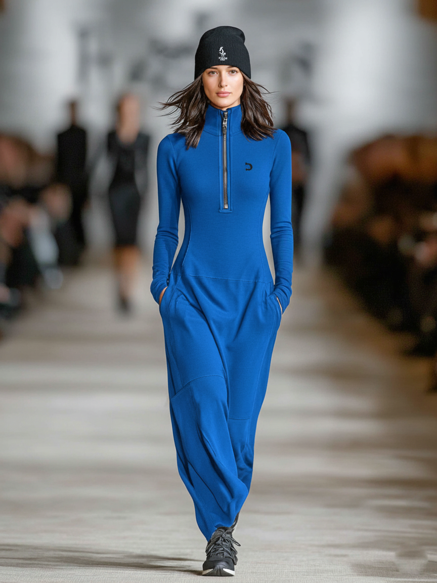 Relaxed zip-collar maxi dress with sporty silhouette for women | Arwen