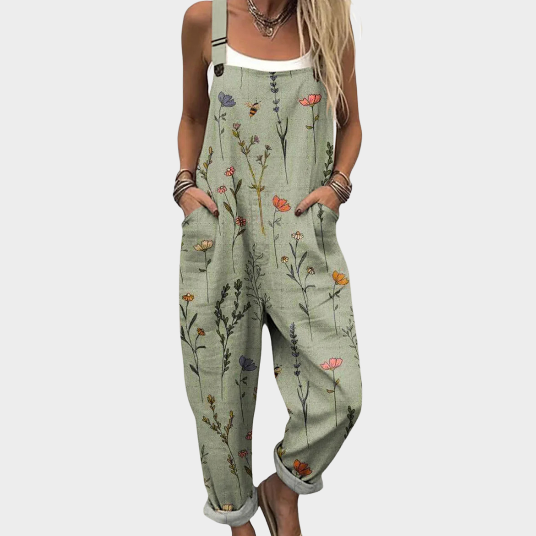 Elvienne | Women's Floral Wide Leg Overalls with Pockets