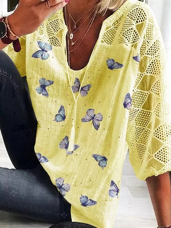 Loose fit butterfly print mesh sleeve top for women | Seraphina