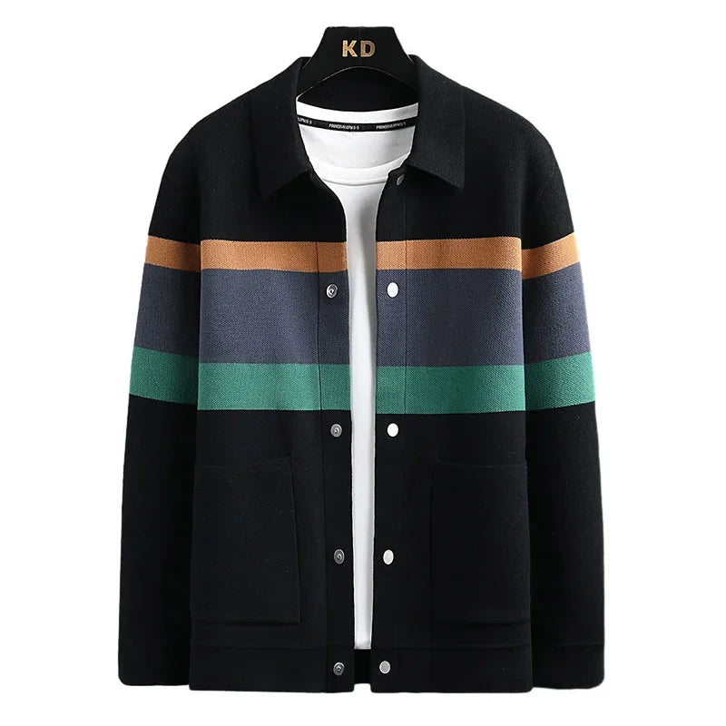 Striped varsity knit jacket with button-up front | Arden