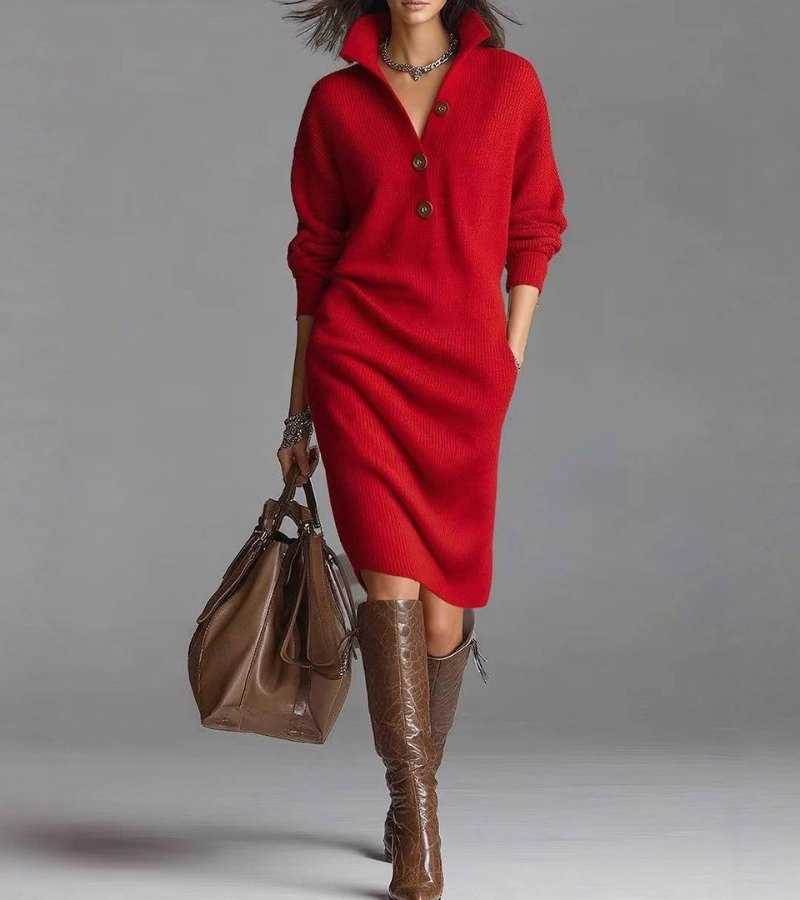 Warm Knit High-Collar Dress with Pockets | Carmen