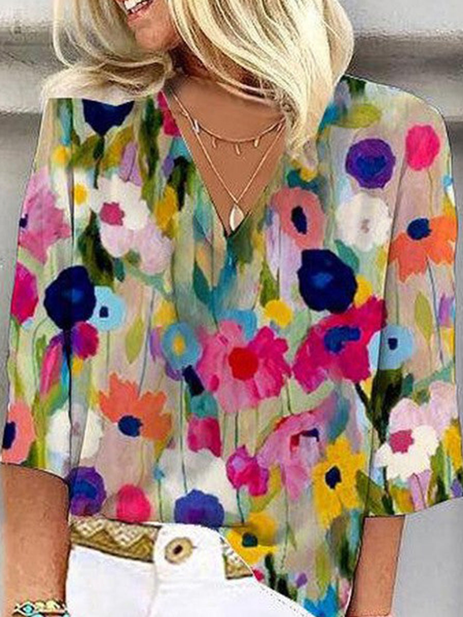 Colourful floral loose V-neck blouse for women | Marisol