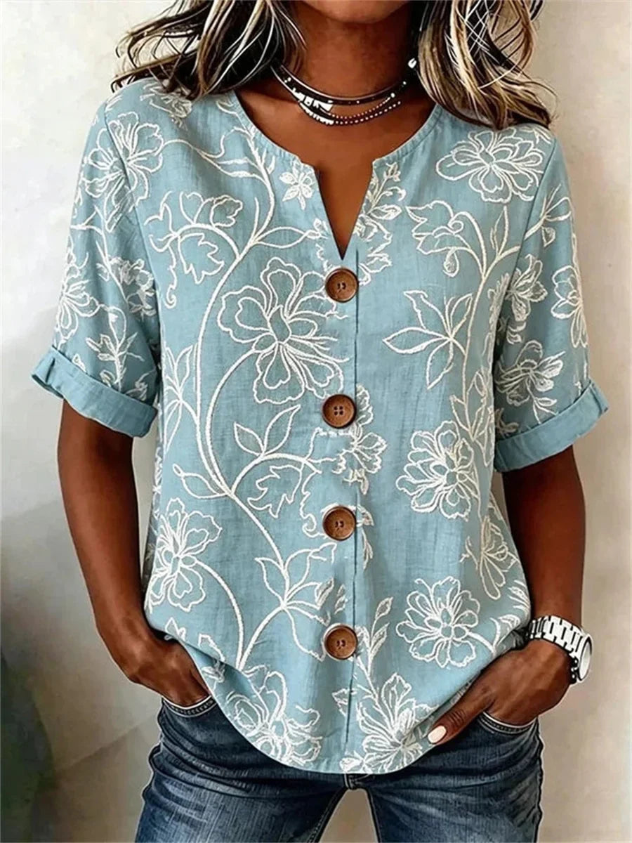 Vintage Floral Print Half Sleeve Blouse