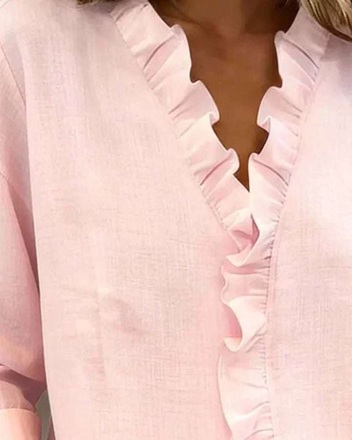 Ruffled V-Neck Blouse with Long Sleeves for Women | Elowen