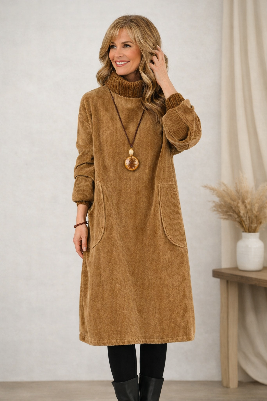 Cosy turtleneck knit midi sweater dress for women | Evelyn