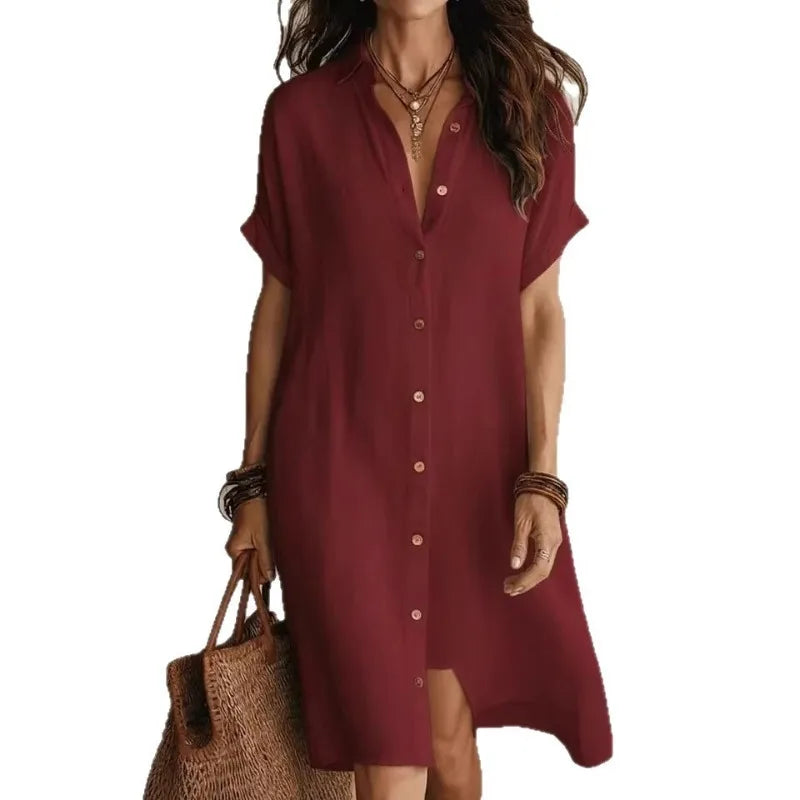 Cotton linen relaxed button down shirt dress for women | Rowan