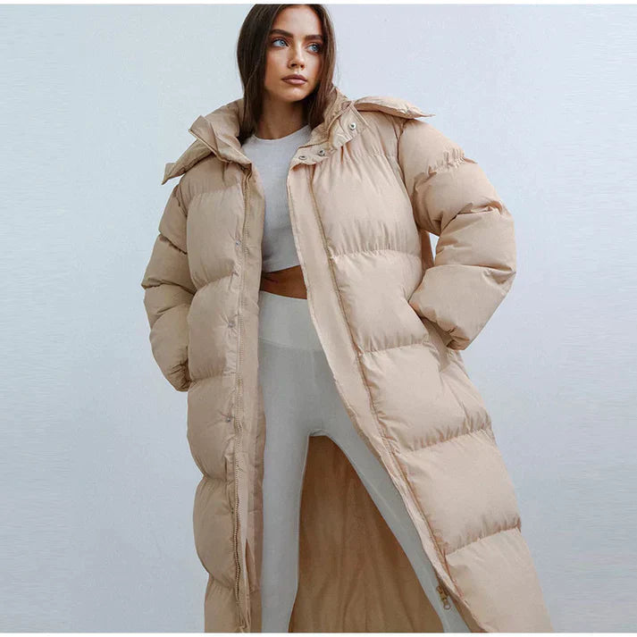 Women's Hooded Long Puffer Coat with Insulated Design