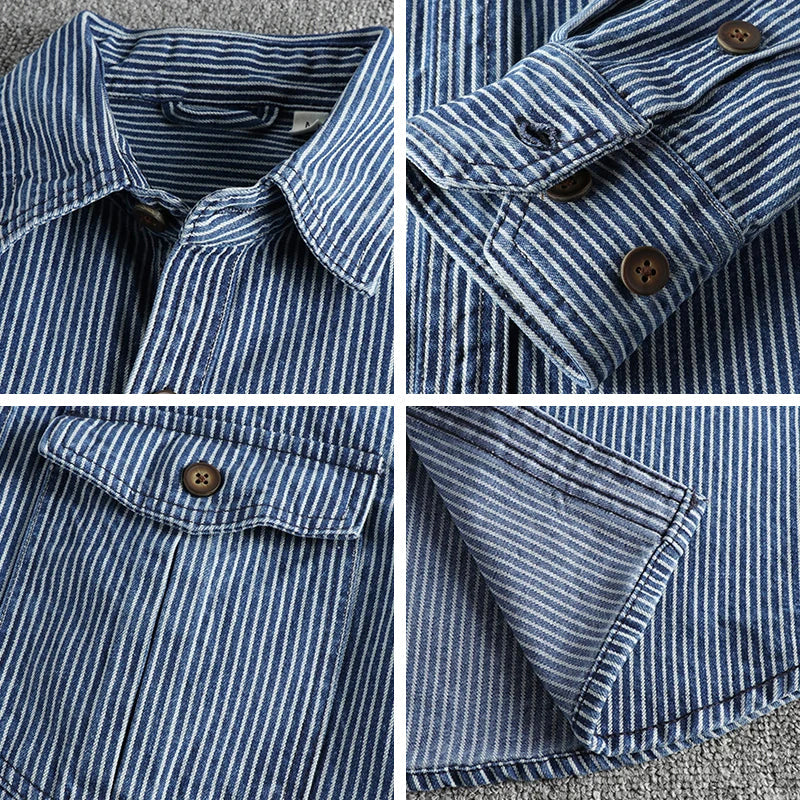 Vintage striped button-up shirt with chest pockets for men | Nolan