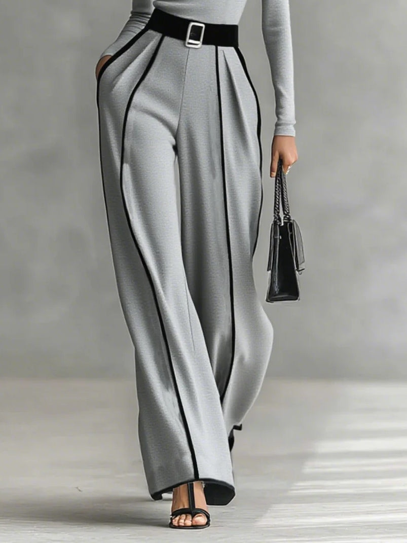 White-Trim High-Neck Top & Wide-Leg Pants Set | Selene
