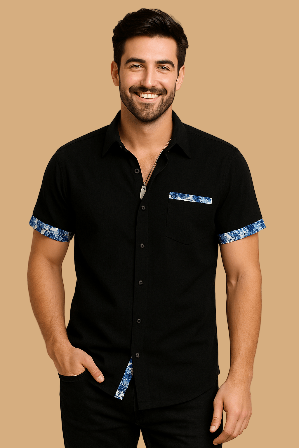 Marco Short-Sleeve Shirt | Floral Trim | Breathable Linen-Style Button-Up