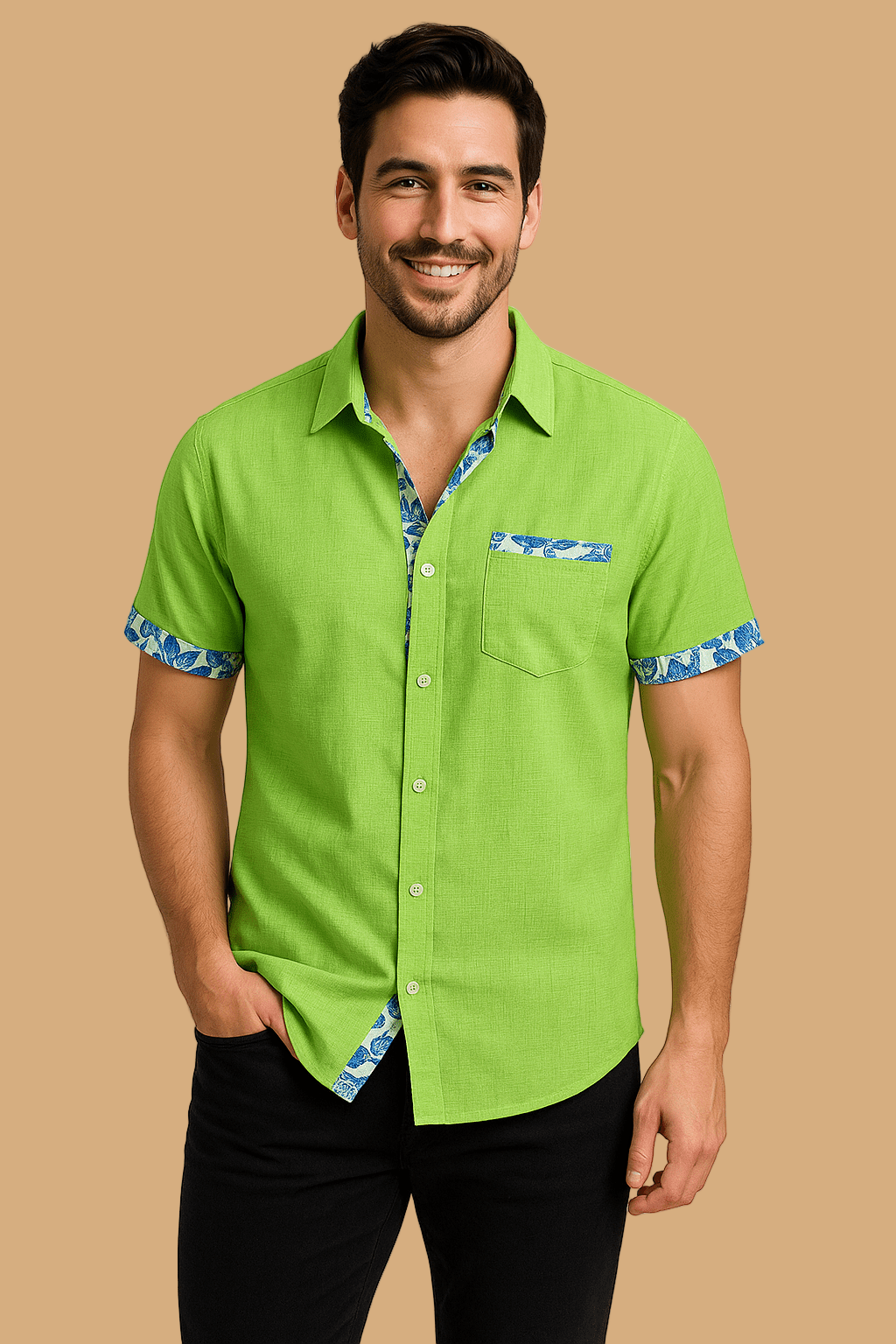 Marco Short-Sleeve Shirt | Floral Trim | Breathable Linen-Style Button-Up