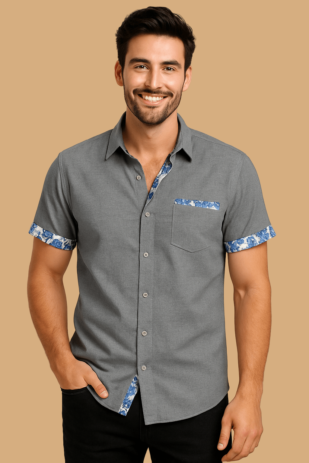 Marco Short-Sleeve Shirt | Floral Trim | Breathable Linen-Style Button-Up