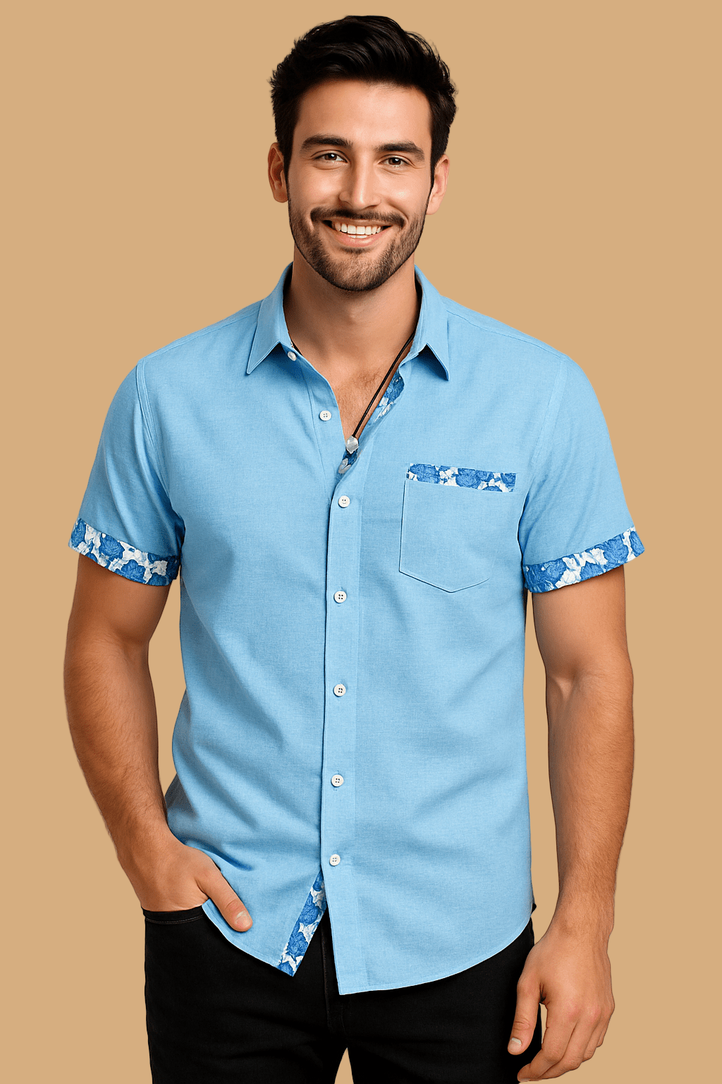Marco Short-Sleeve Shirt | Floral Trim | Breathable Linen-Style Button-Up