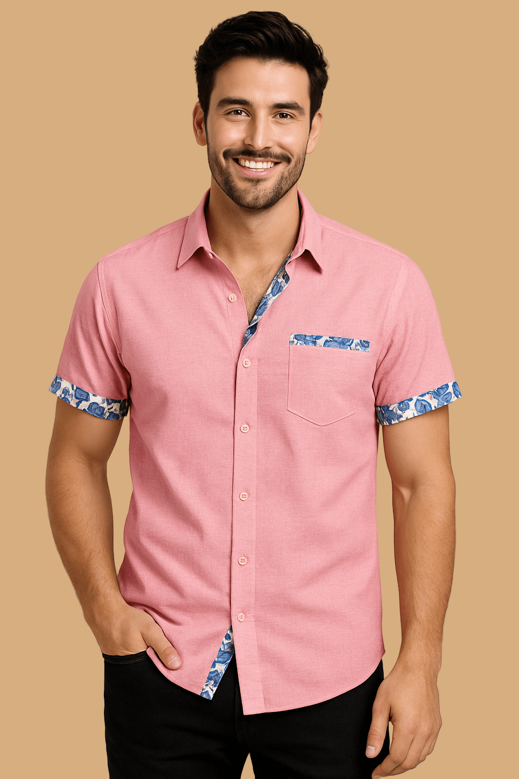 Marco Short-Sleeve Shirt | Floral Trim | Breathable Linen-Style Button-Up
