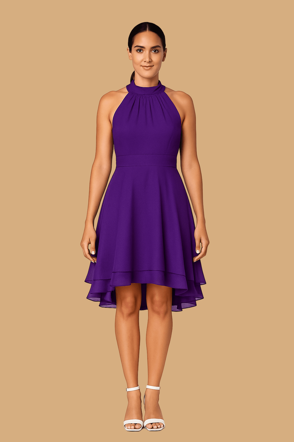 Women’s Selina Halter Neck Dress | Sleeveless High-Low Layered Skirt | Fitted Waist Summer Style