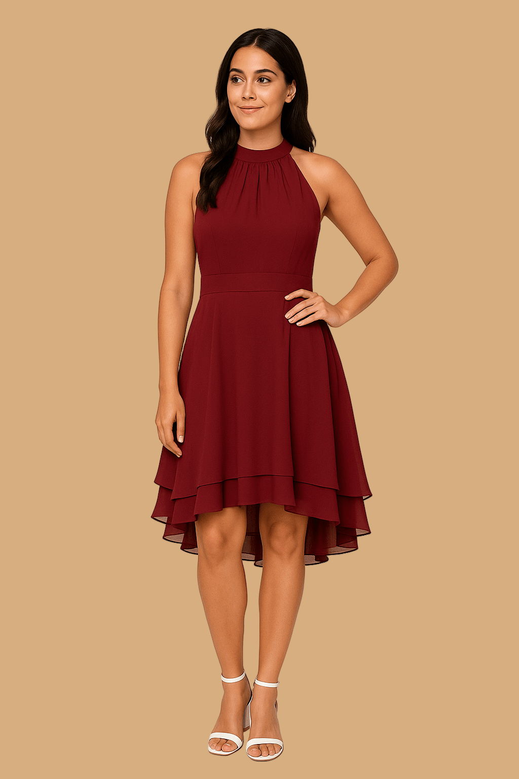 Women’s Selina Halter Neck Dress | Sleeveless High-Low Layered Skirt | Fitted Waist Summer Style
