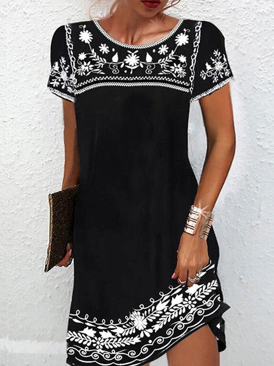 Boho floral embroidered black mini dress for women | Marisol
