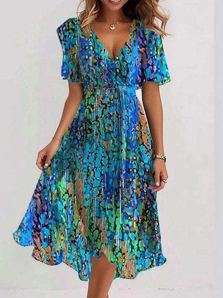 Blue printed flowy V-neck midi dress for women | Celestine