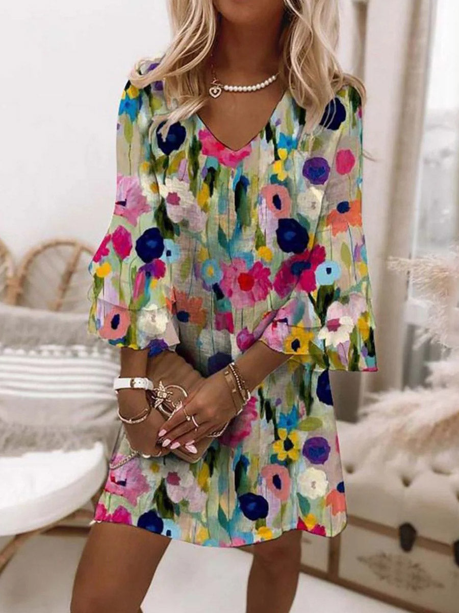 Colourful floral V-neck mini dress for women | Marisela