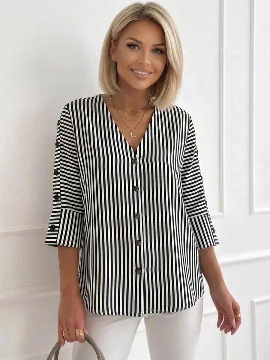 Black and white striped V-neck blouse for women | Marisela