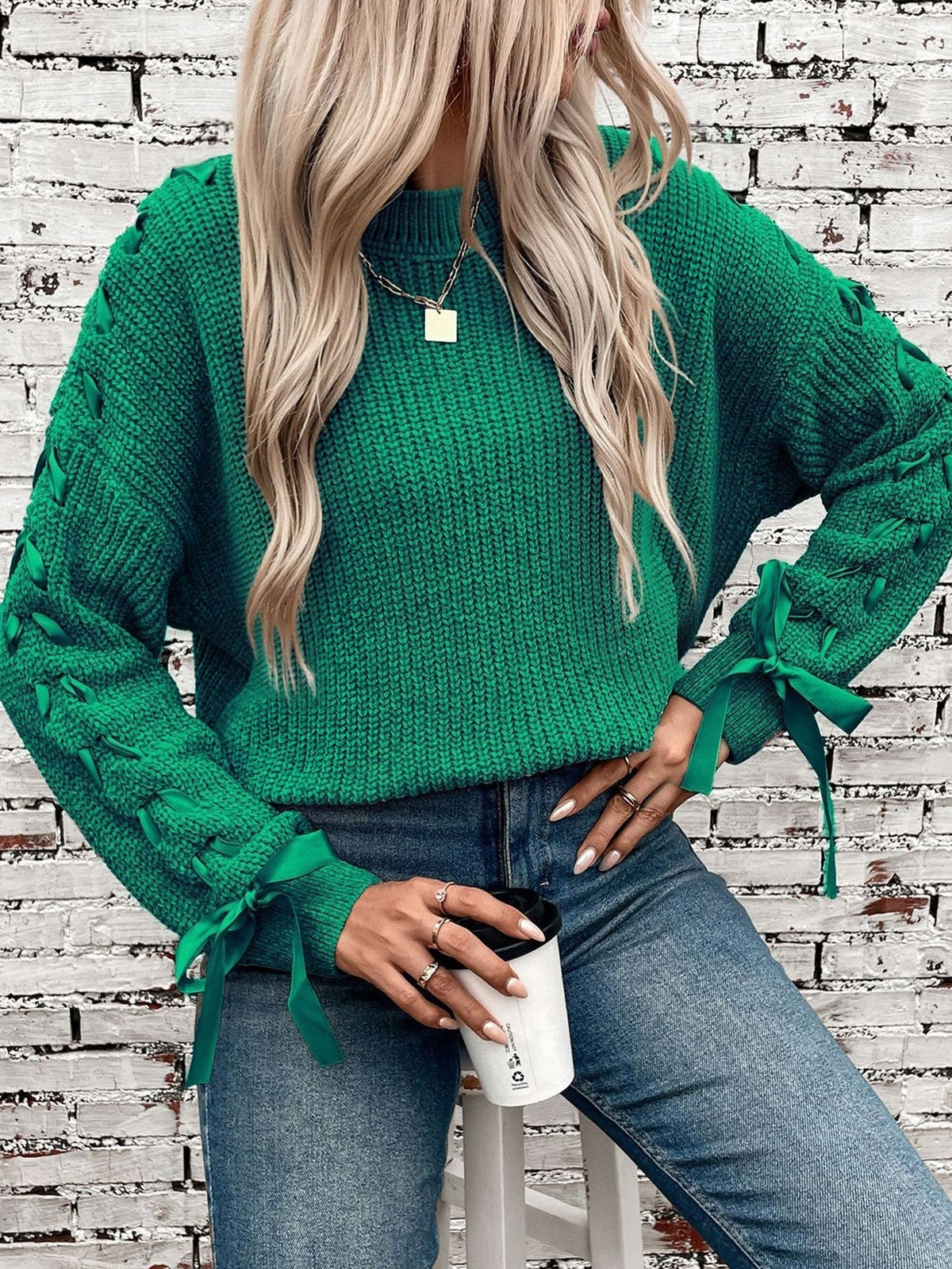 Genevieve | Women's Lace Trim Waffle Knit Sweatshirt