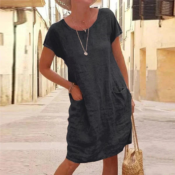 Cotton linen relaxed fit pocket midi dress for women | Marisela