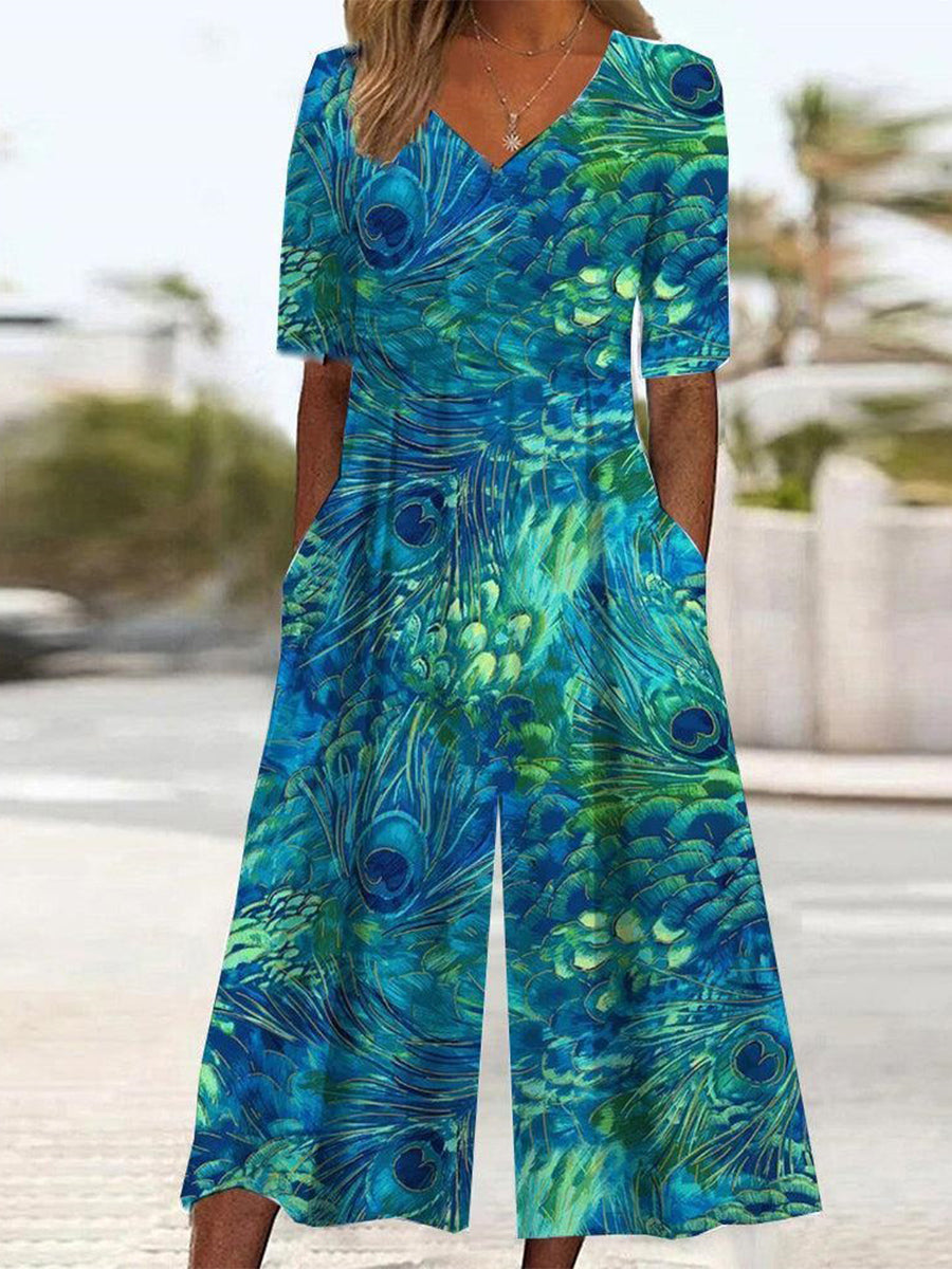 Peacock print wide-leg V-neck jumpsuit for women | Marisela