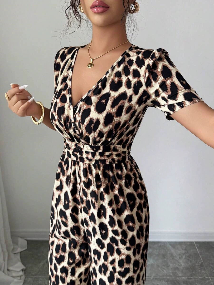 Evelisse | Women's Animal Print Wrap Neck Wide Leg Jumpsuit