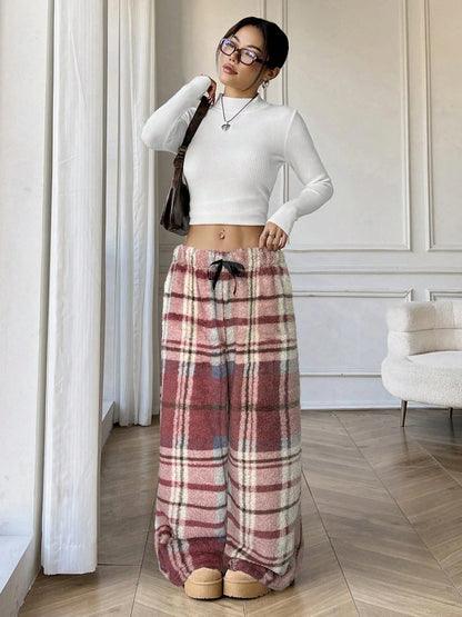 Freesia | Women's Plaid Wide Leg Drawstring Sweatpants
