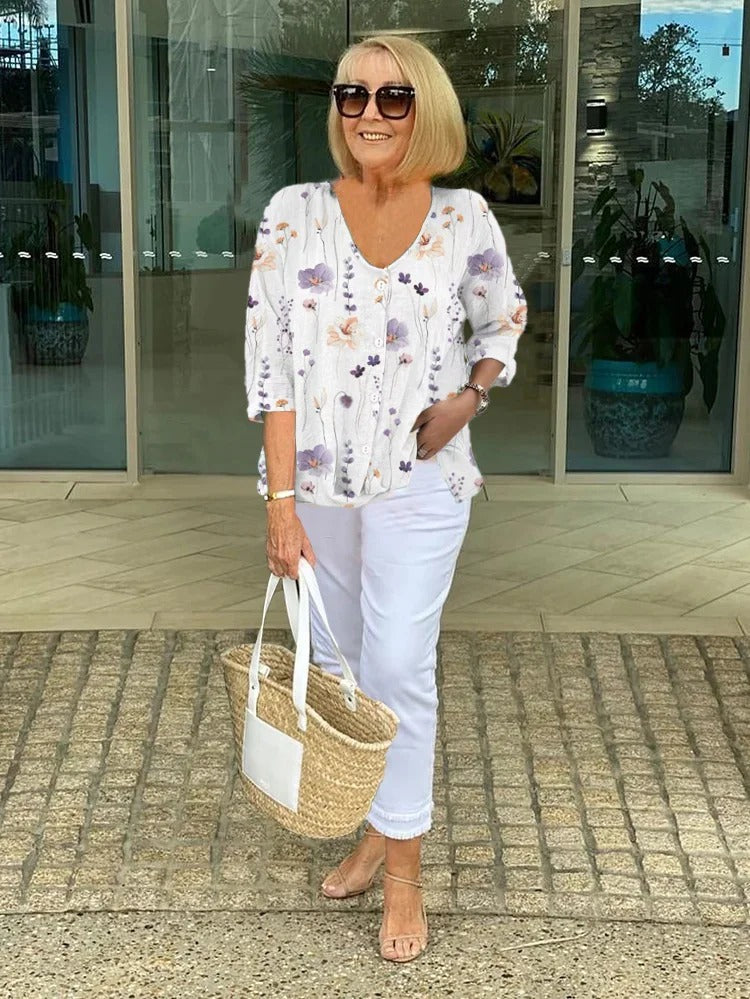 Floral V-neck lightweight breathable blouse for women | Marisela