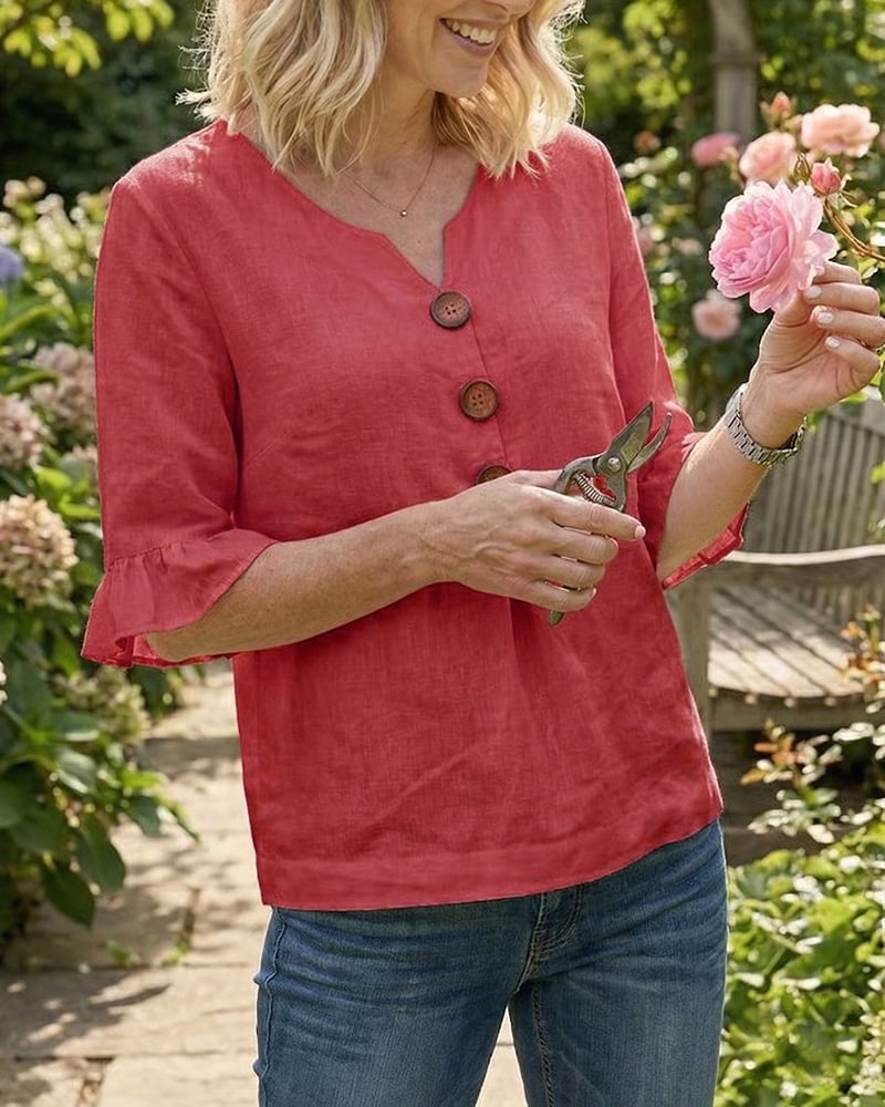 Cotton V-neck ruffle half sleeve blouse for women | Patrizia
