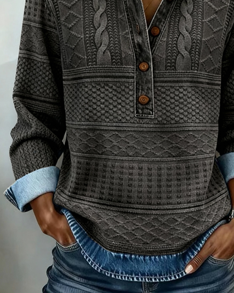 Chic Half-Button Sweatshirt with Denim Collar for Women | Elara