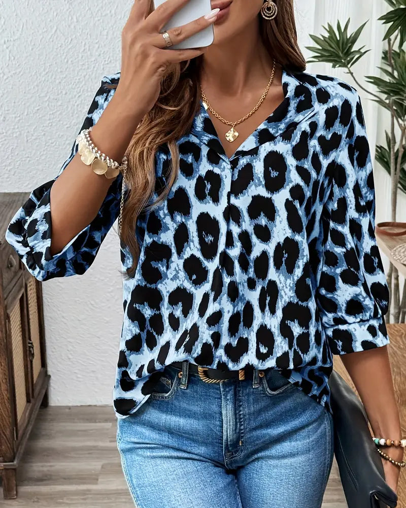 Leopard print lapel collar cotton blouse for women | Rosalyn