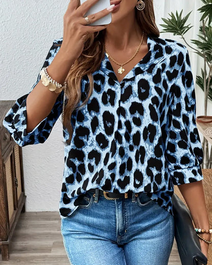 Leopard print lapel collar cotton blouse for women | Rosalyn
