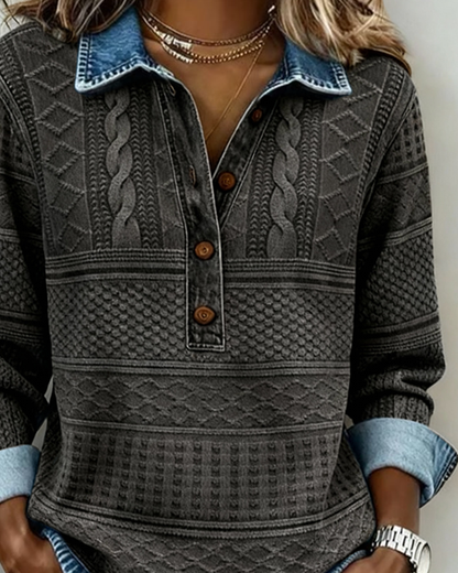 Chic Half-Button Sweatshirt with Denim Collar for Women | Elara