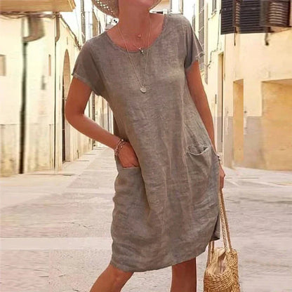Cotton linen relaxed fit pocket midi dress for women | Marisela