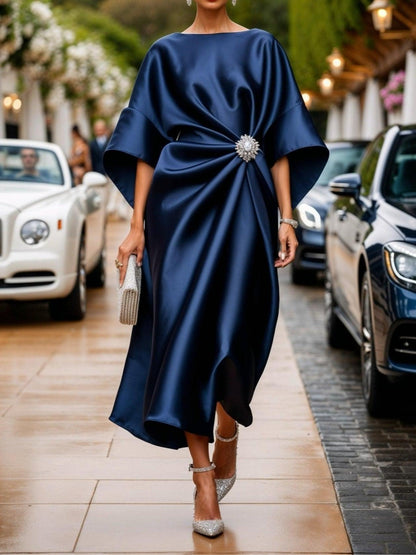 Women’s Shimmer Satin Maxi Dress with Brooch Accent | Elara