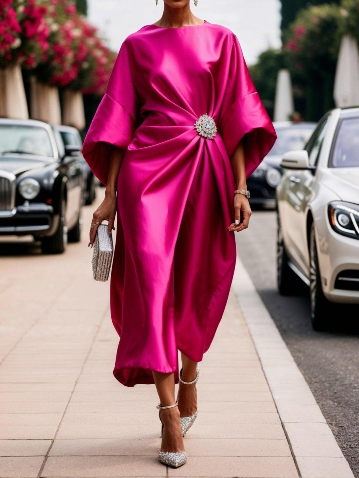 Women’s Shimmer Satin Maxi Dress with Brooch Accent | Elara