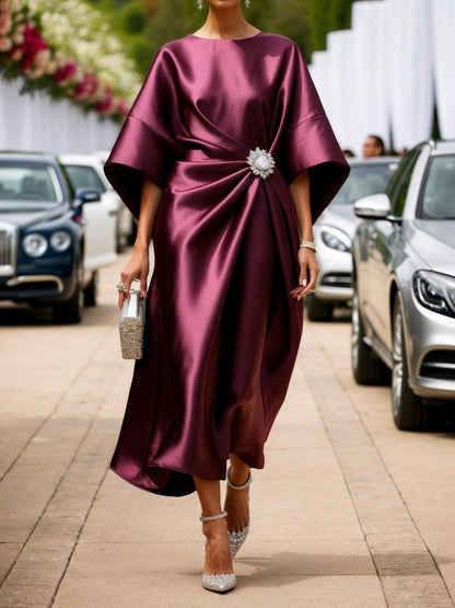 Women’s Shimmer Satin Maxi Dress with Brooch Accent | Elara