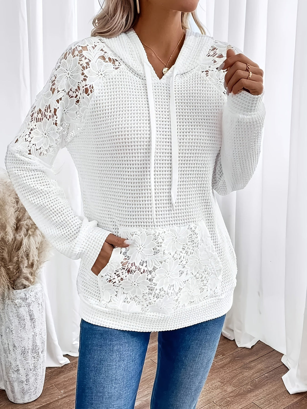 Elvara | Women's Waffle Hooded Top with Floral Panels