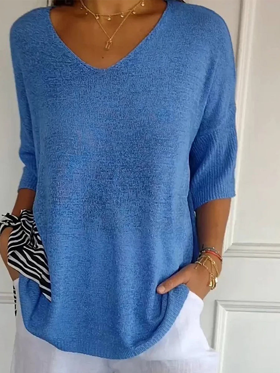 Casual loose knit V-neck top for women | Marisela