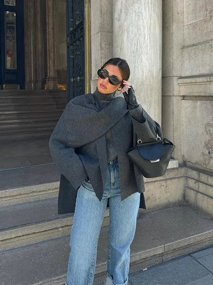 Chic asymmetrical wool poncho for women | Seraphina