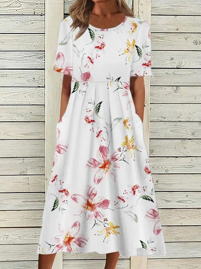 Floral printed A-line round neck midi dress for women | Marisela