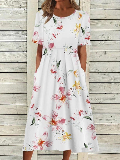 Floral printed A-line round neck midi dress for women | Marisela