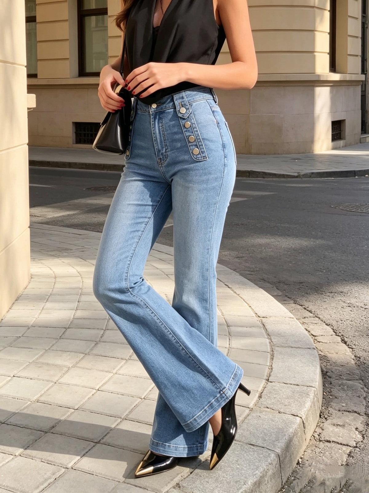 Liorra | Women's High Waist Button Detail Flare Jeans