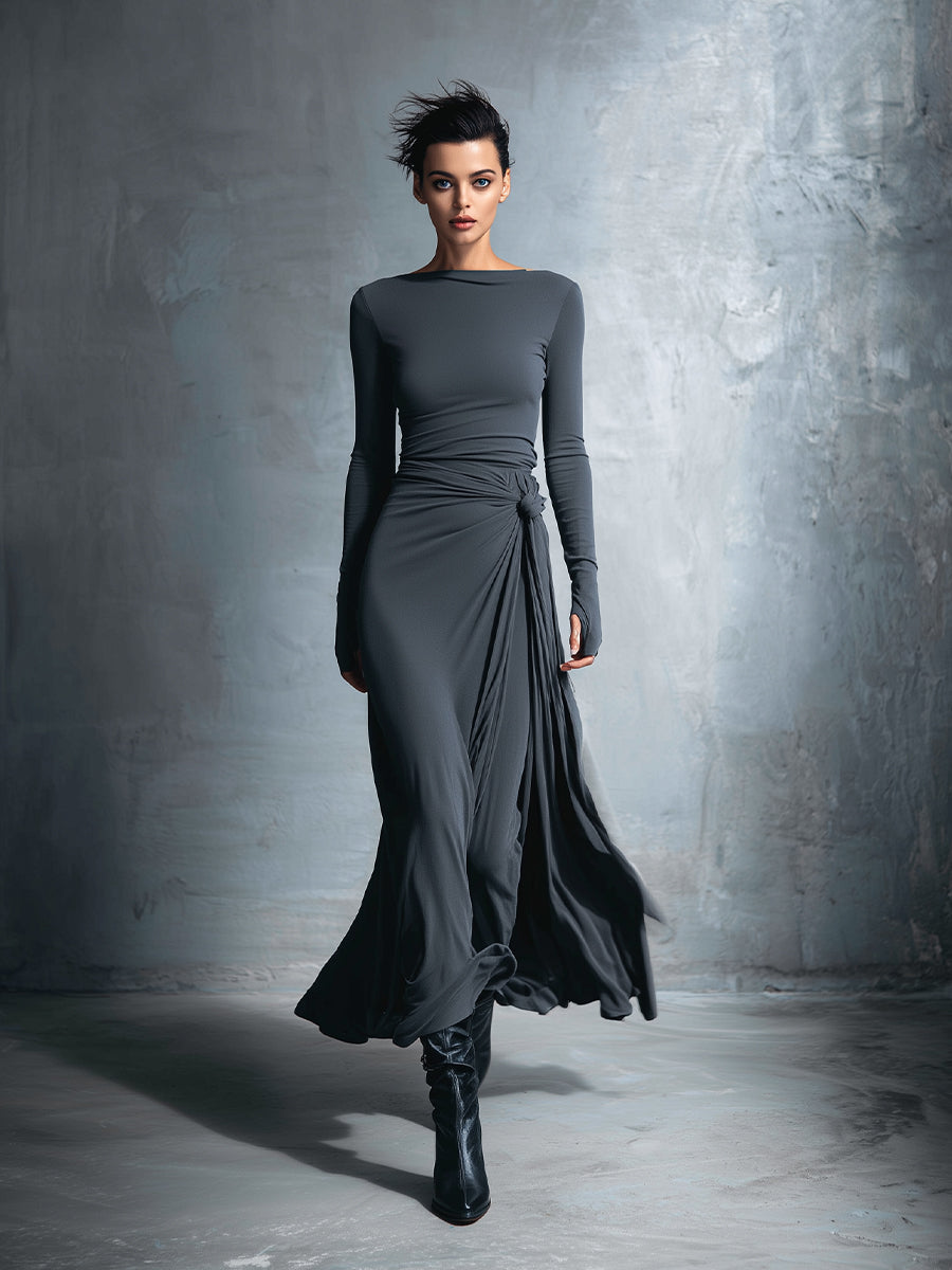 Elegant gray wrap maxi dress with knot detail for women | Elara