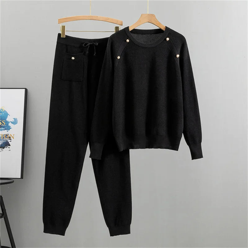 Pearl-accent knit lounge set | Elara