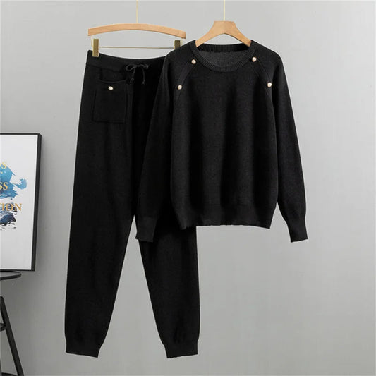 Pearl-accent knit lounge set | Elara
