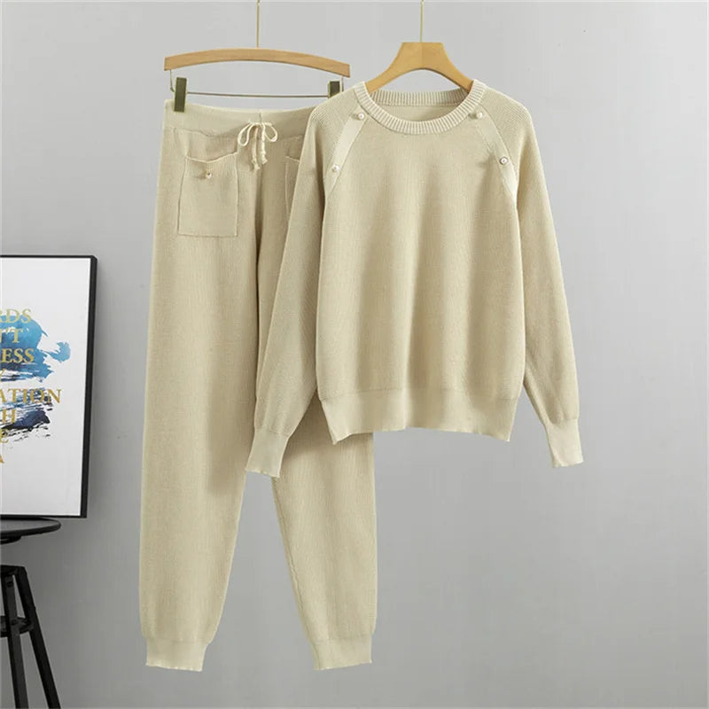 Pearl-accent knit lounge set | Elara