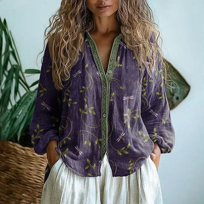 Eleanor | Women's Vintage Leaf Print Button Down Shirt